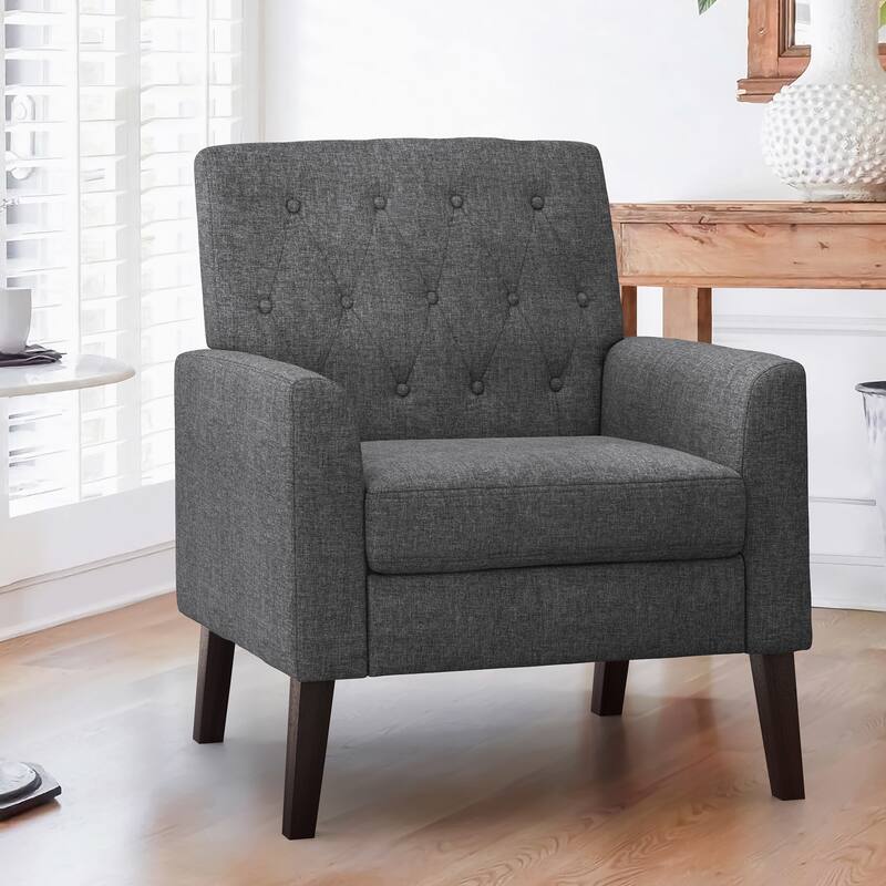 Mid-Century Modern Upholstered Linen Fabric Button Tufted Accent Chair - 28.5 W X 27.25 D X 33.75 H - Gray Linen