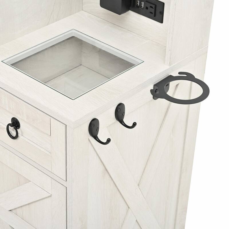 Farmhouse Vanity Desk with Sliding Mirror & Lights, Glass Top Vanity Set