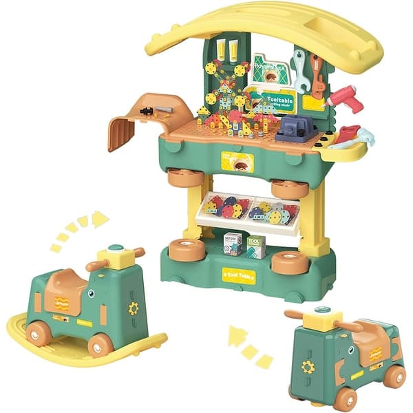 slide 2 of 8, 3 in 1 Toddler Kids Tool Bench Set,Rocking Toy with Realistic Accessories