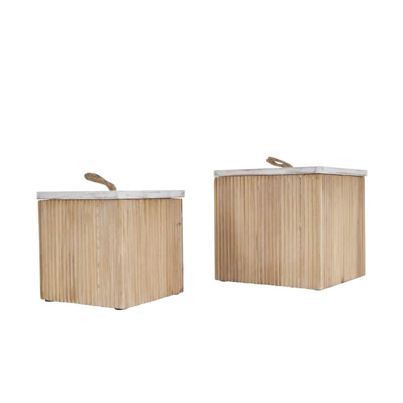 Wooden Washed Ribbed Storage Box with White Lids and Rope Handles - Set of 2 Brown - Roche River Decor
