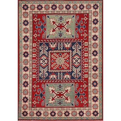 Kazak Oriental Area Rug Handmade Red Geometric Wool Carpet - 4'2" x 6'1"