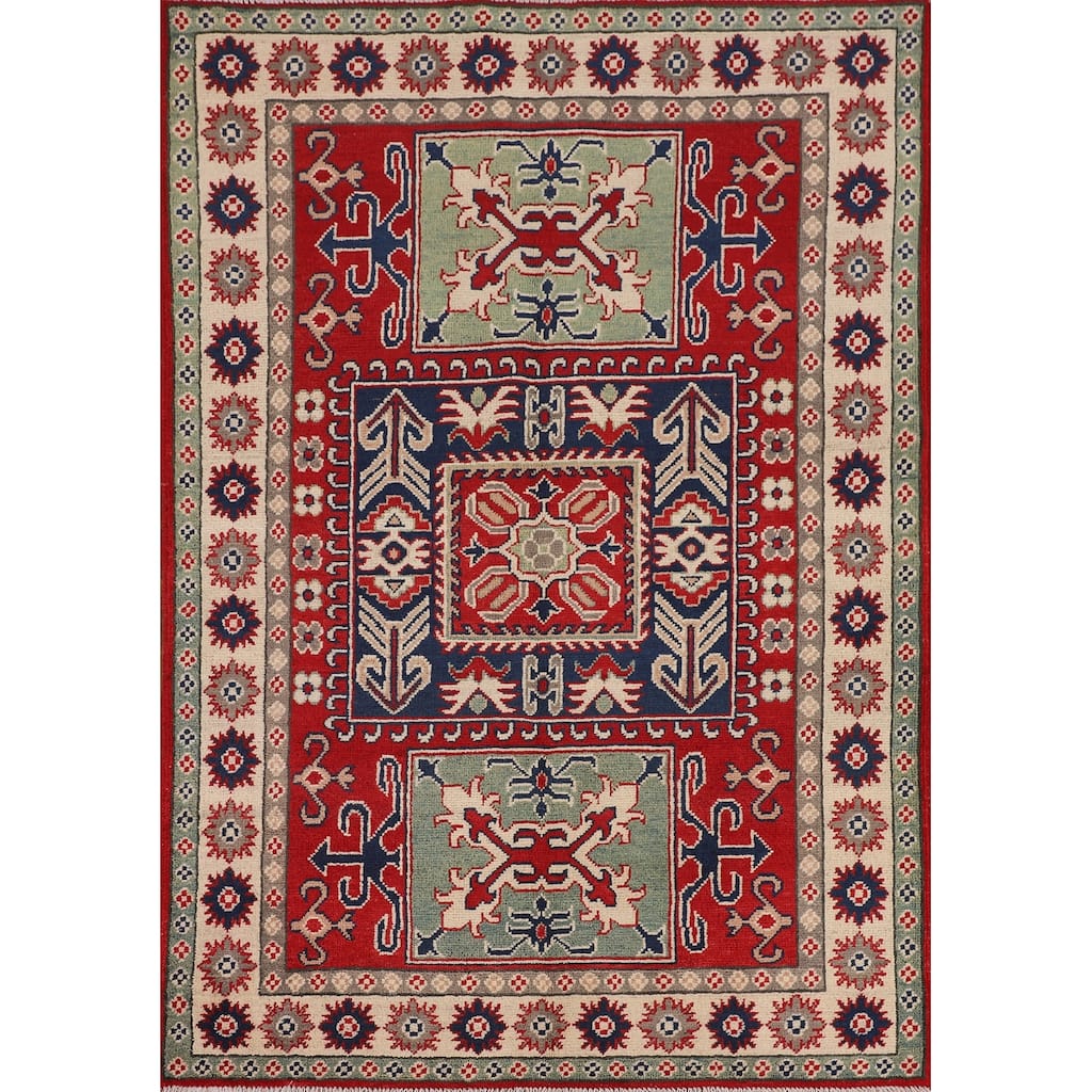 Kazak Oriental Area Rug Handmade Red Geometric Wool Carpet - 4'2" x 6'1"