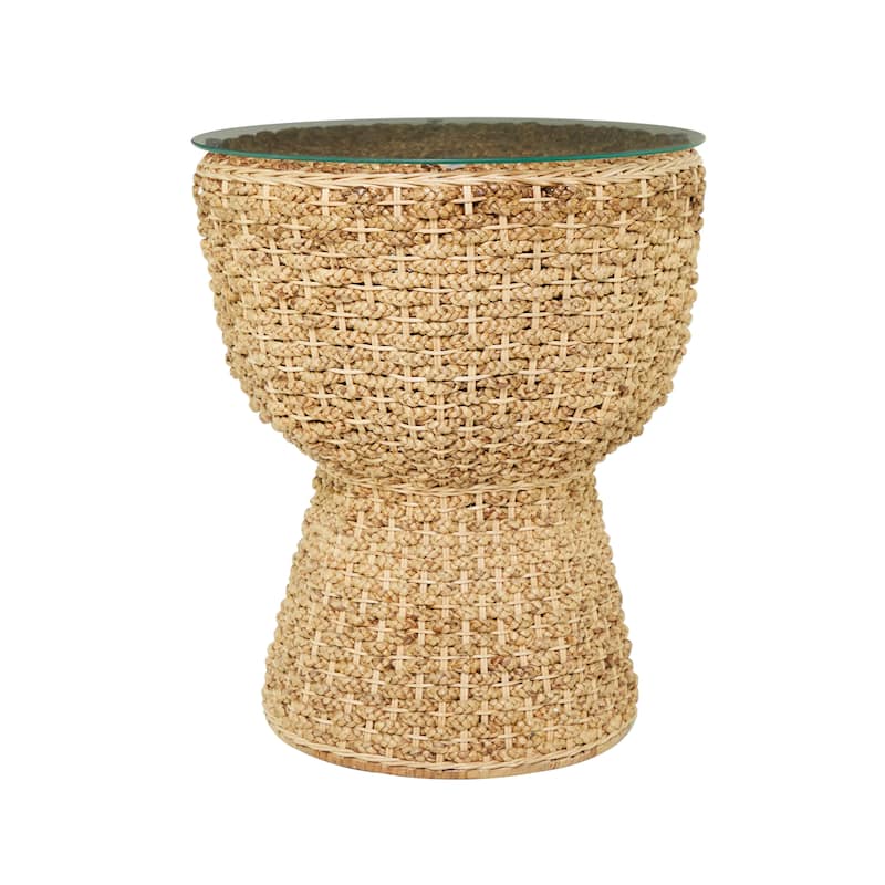 Brown Seagrass Handmade Woven Accent Table with Glass Top