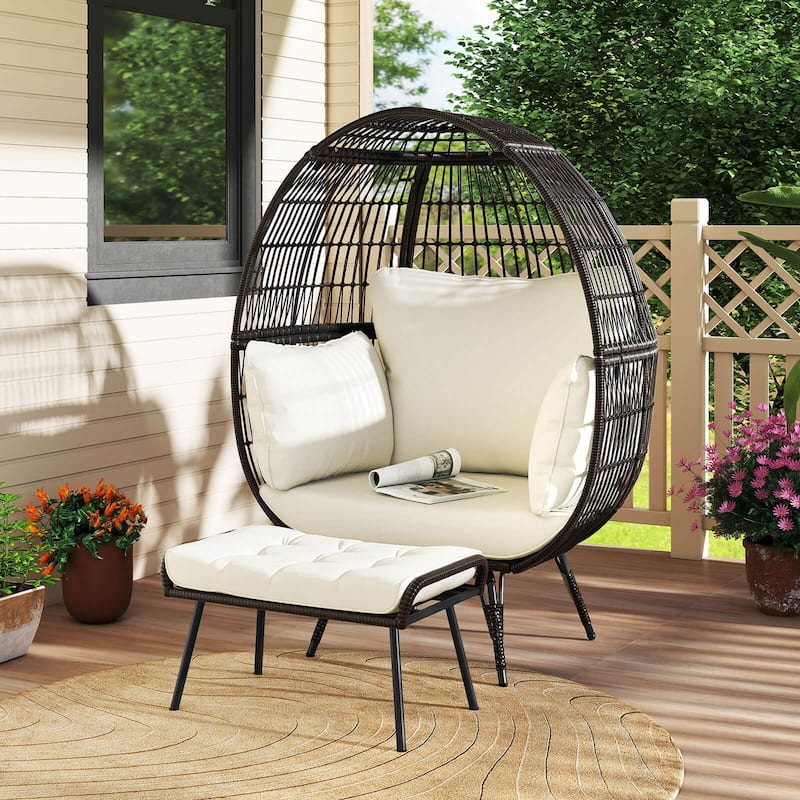 Costway 2 PCS Patio Wicker Lounge Basket Set Oversized Egg Chair with - See Details - Mix Brown+Off White