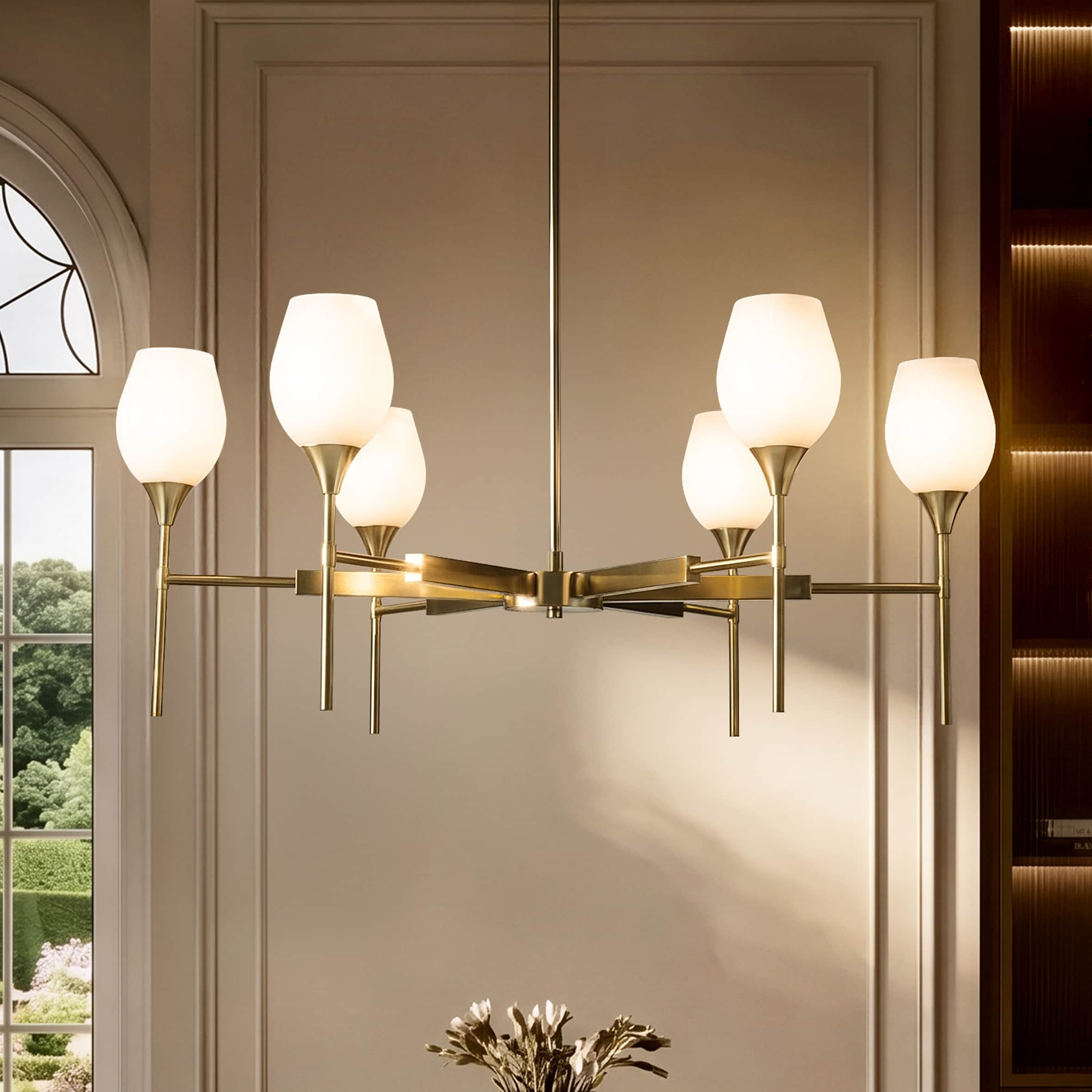 6-Light Classic Warm Brass Chandelier with Opal Glass Shades For Dining Room - W42''