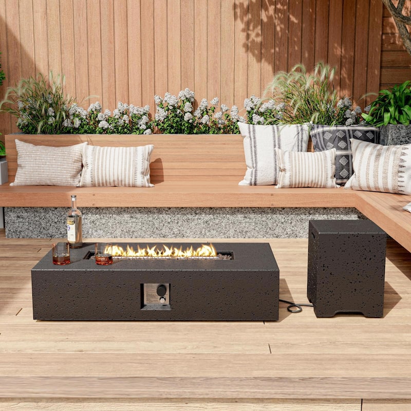 COSIEST Outdoor 56-Inch Rectangular Propane Fire Pit - Brown With Propane Tank Cover