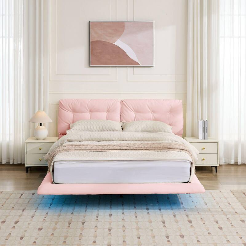 Queen Size LED Upholstered Bed Frame with Floating Design, PU Leather Headboard, Easy Assembly, No Box Spring Needed, Pink
