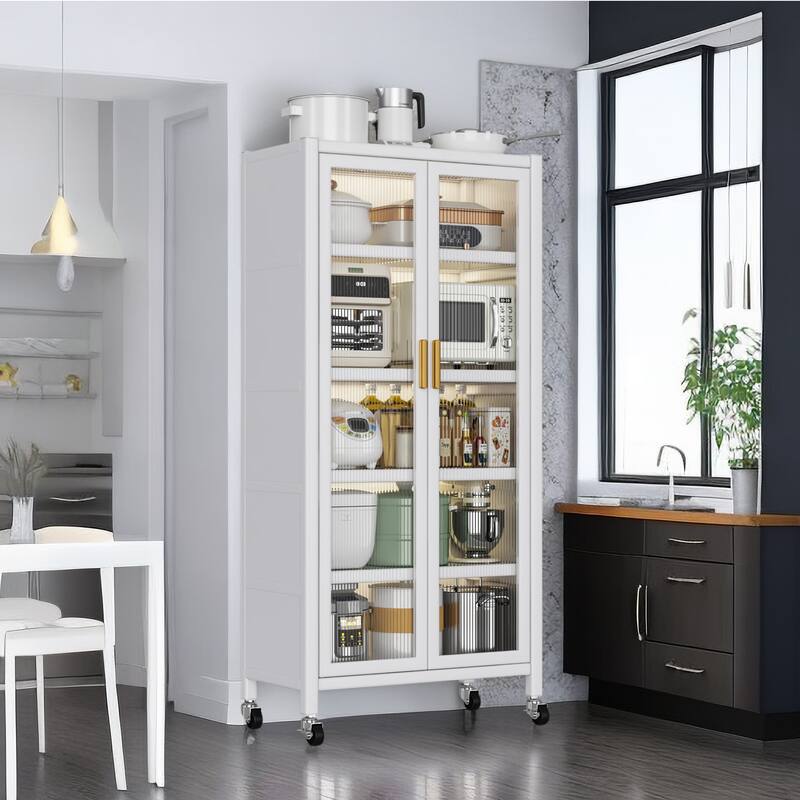 Open-Door Kitchen Shelving Floor-To-Ceiling Multilevel Household Microwave Storage Cabinet Bowls (no include stool)