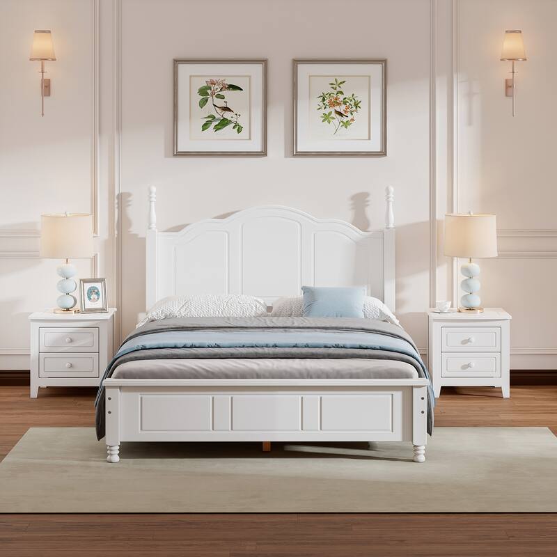 3-Pieces Bedroom Sets, Full/Queen Size Wood Platform Bed & 2 Nightstands, Modern Bed Frame w/ Headboard, Nightstand w/ 2 Drawers - White - Full