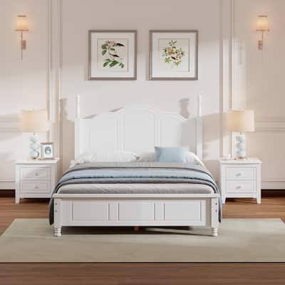 3-Pieces Bedroom Sets, Full/Queen Size Wood Platform Bed & 2 Nightstands, Modern Bed Frame w/ Headboard, Nightstand w/ 2 Drawers