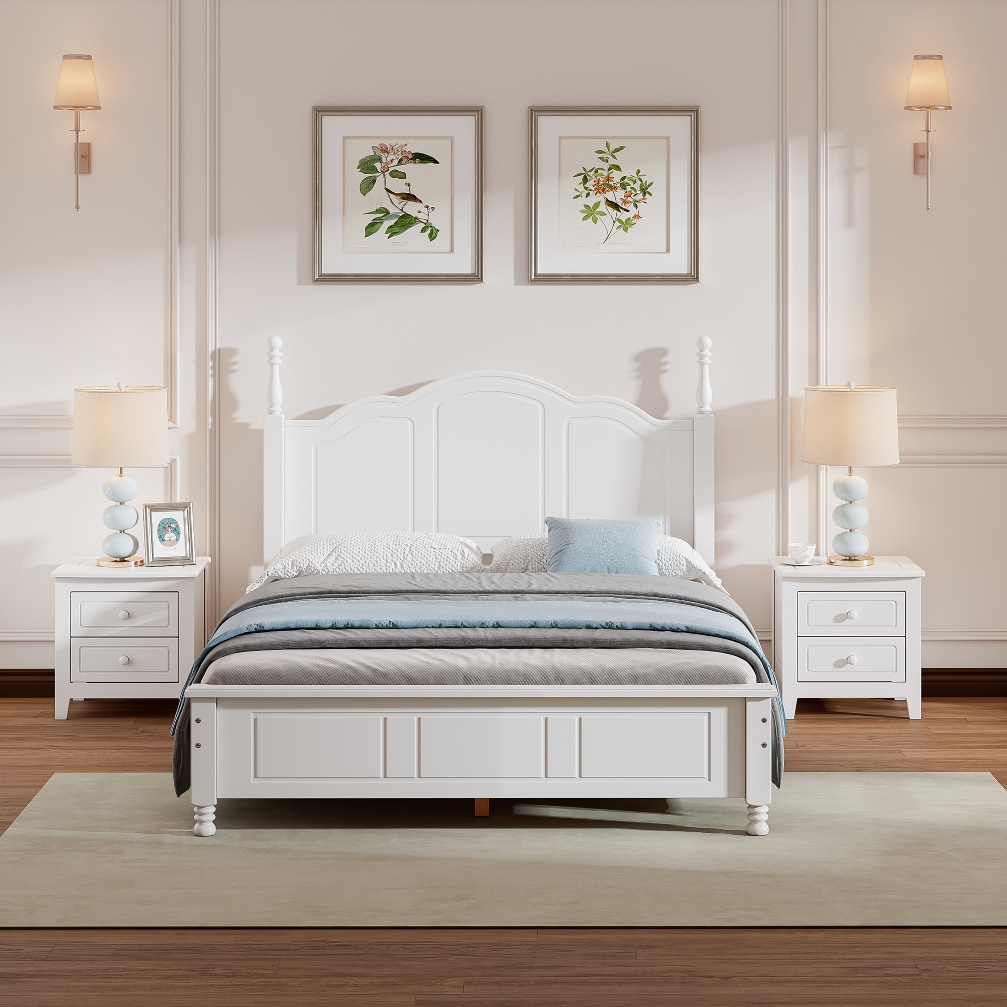 3 Pieces Bedroom Sets Full Size Pine Platform Bed 2 Nightstands Upholstered Bed No Box Spring Needed Easy Assembly White