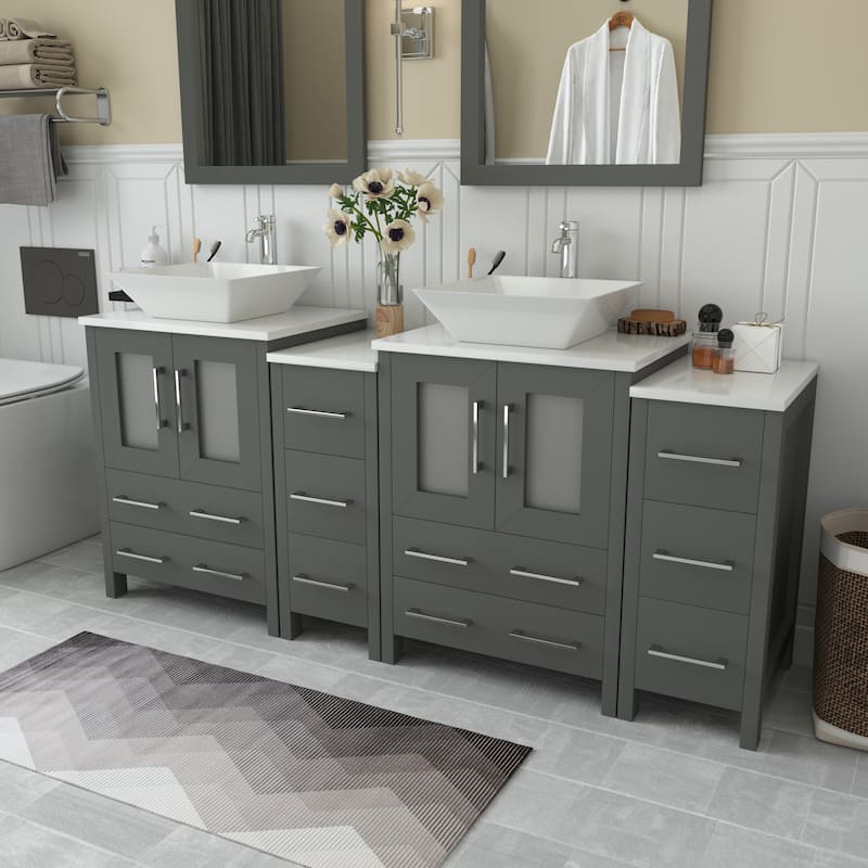 Vanity Art 72" Double Sink Bathroom Vanity Set with Engineered Marble Top and Free Mirror - 72 W X 18.5 D X 31.1 H