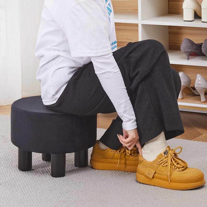 Modern Small Round Linen Ottoman Footstool with Wooden Legs for Bedroom or Living Room