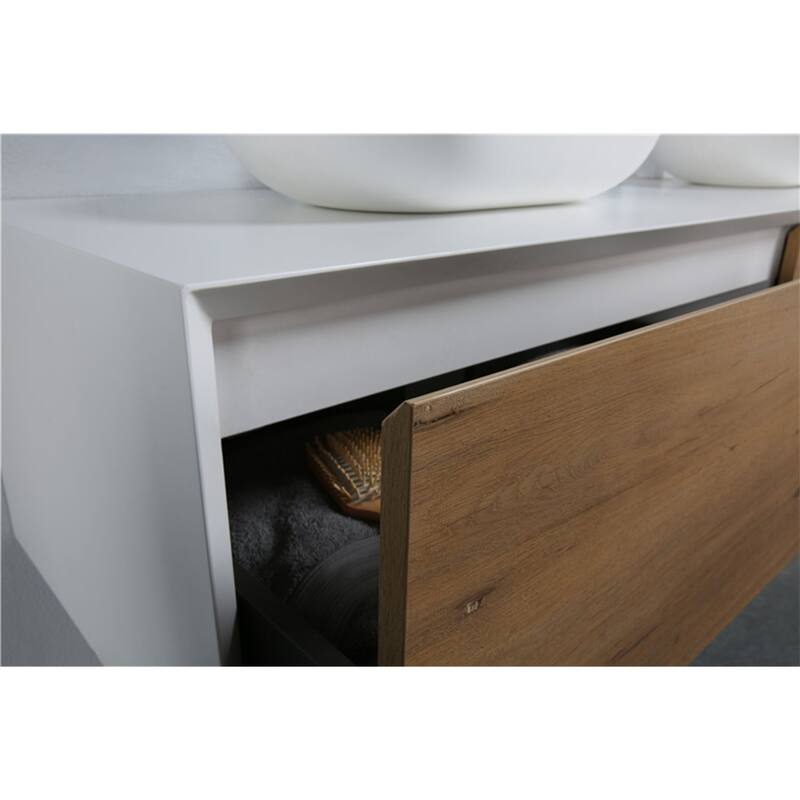Wall Mounted Bathroom Vanity Set with White Solid Surface Top and Vessel Sink