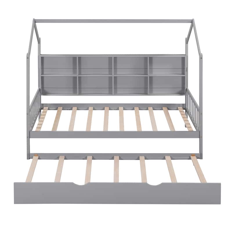 Montessori Floor Bed with Trundle - Full/Twin House Bed with Storage Shelf