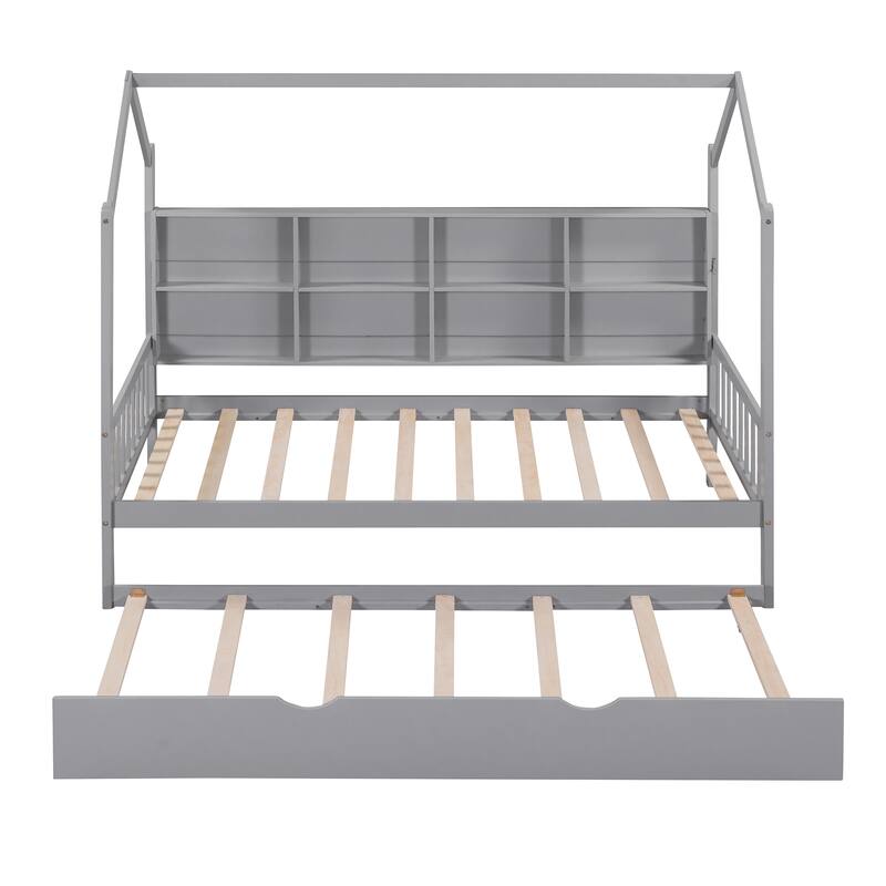Twin Size House Bed with Trundle and Storage Shelf