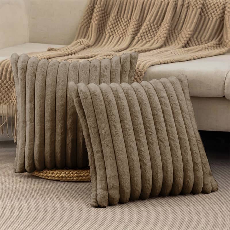 Modern Stripe Faux Fur Square Throw Pillows (Set of 2)