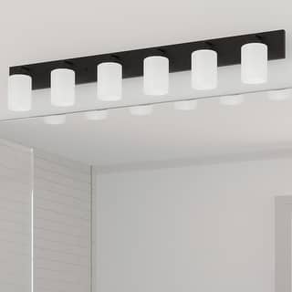 Merry Collection Six-Light Matte Black and Etched Glass Transitional Style Bath Vanity Wall Light - 48 in x 5.75 in x 8.25 in
