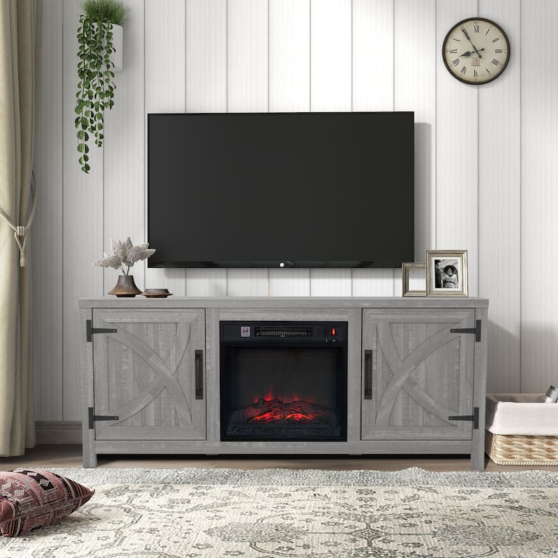 58-Inch Farmhouse Electric Fireplace TV Stand with Storage Cabinets and Adjustable Shelves - Grey
