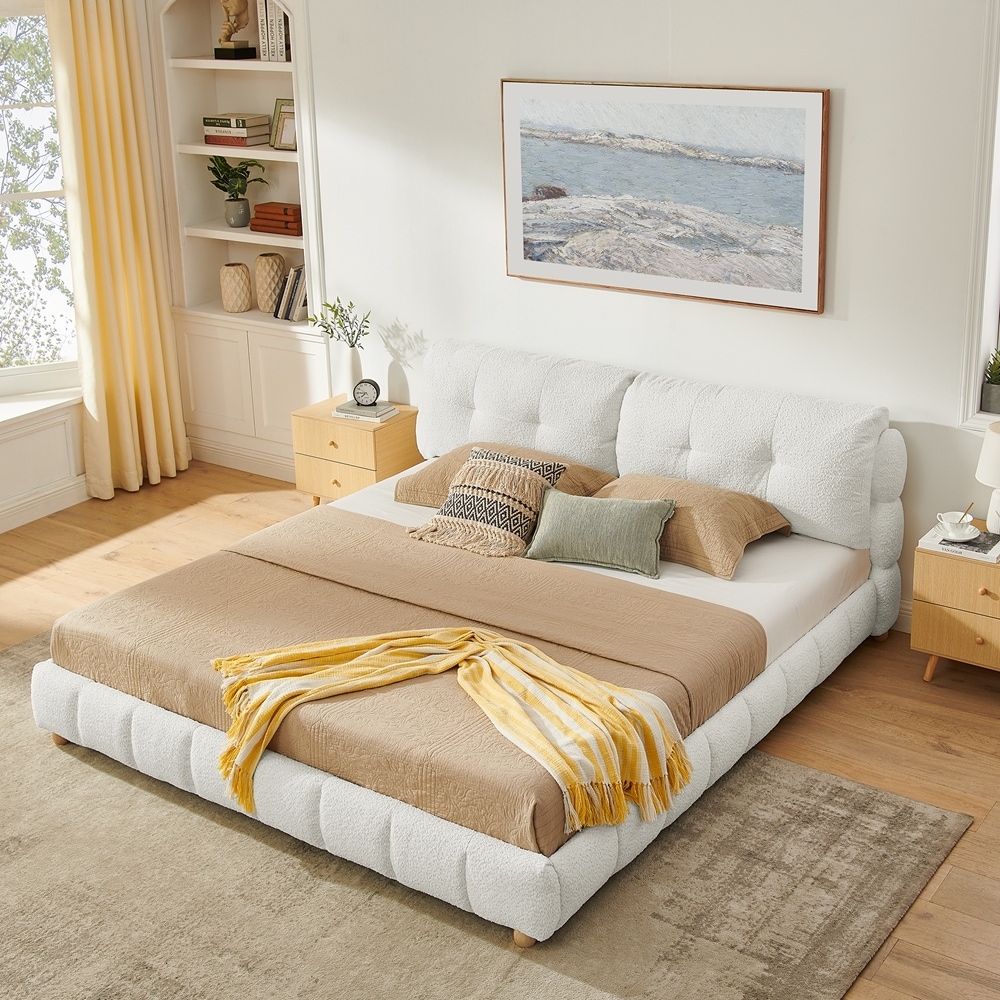 Upholstered Boucle Fabric Platform Bed Frame