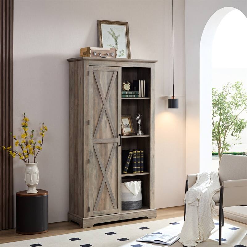Tall Barn Door Kitchen Pantry Storage Cabinet with Adjustable Shelves