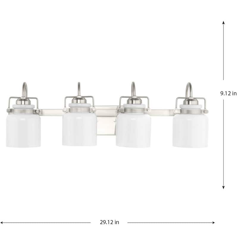 Fessler Collection Four-Light Brushed Nickel Opal Glass Farmhouse Bath Light - 29.12 in x 7.12 in x 9.12 in