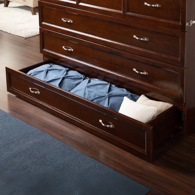 Deerfield Queen Murphy Bed Chest with 6" Mattress, Storage Drawer & Built-In Charger in Walnut