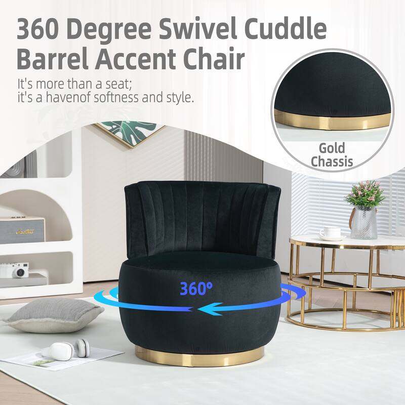 Black Modern 25.2" Upholstered 360° Swivel Barrel Chair with Wide Upholstered and Sturdy Hardwood Frame