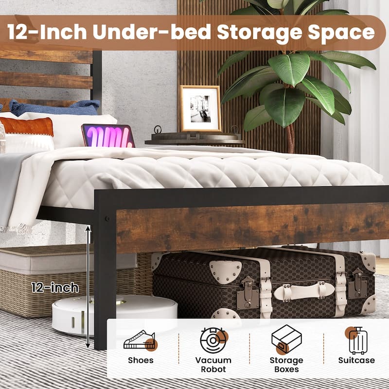 Costway Full Industrial Metal Platform Bed Frame Charging Station