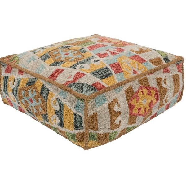 24" Ivory and Brown Geometric Pattern Hand Hooked Cotton Square Pouf Ottoman - N/A