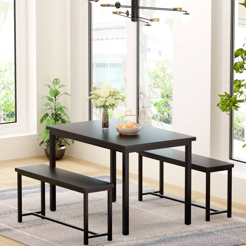 Eureka Industrial 3-piece Dining Set, Modern Kitchen Dining Table with Two Benches for Home, Kitchen, Dining Room, Bar