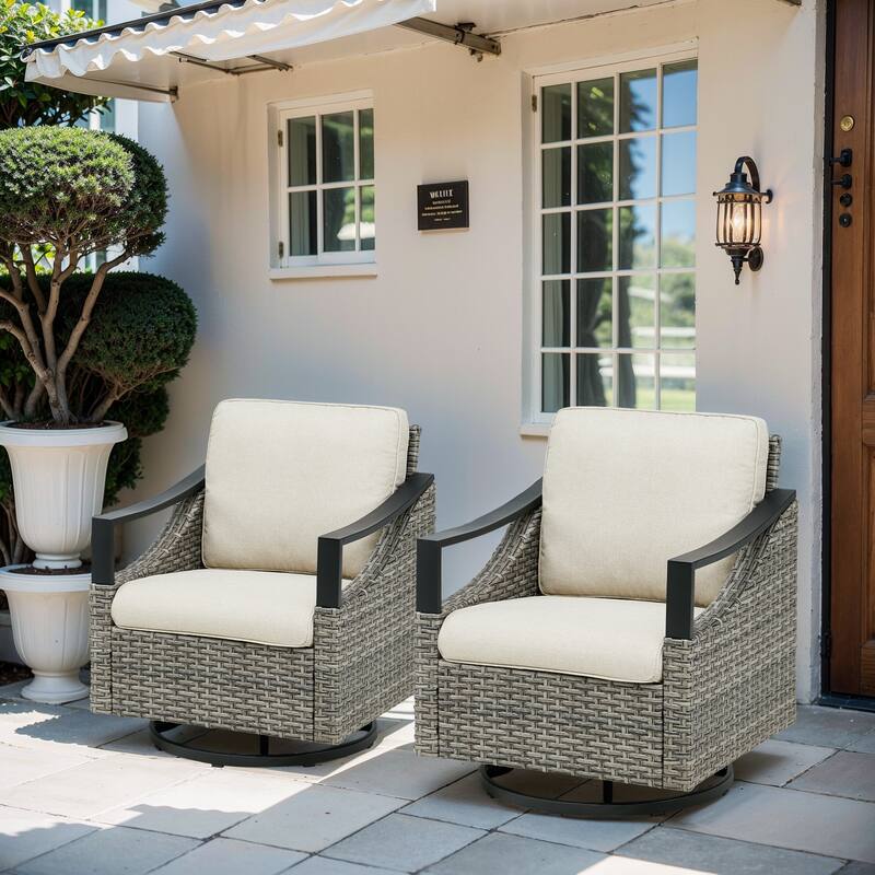 Pocassy Outdoor Wicker Patio Swivel Chairs with Cushion Set of 2 - Gray Wicker Beige Cushion - 2-Piece Swivel Chair with Thick Cushions