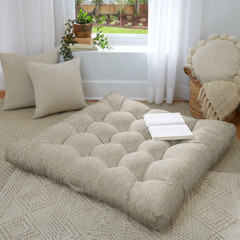 Sorra Home Indoor Textured Tufted Square Floor Pillow with Handle 40 in x 40 in x 5 in Bed