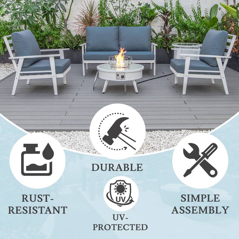 Walbrooke Modern 5-Piece Outdoor Aluminum Conversation Set of 3 Polyester Chairs, Fire Pit Table with Lid and Tank Holder