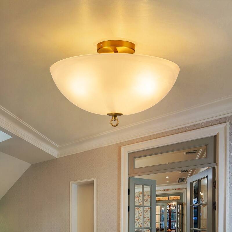 Modern Glam 3-Light Cloud Glass Dome Semi Flush Mount - Brass - 15.8" W × 9.5" H