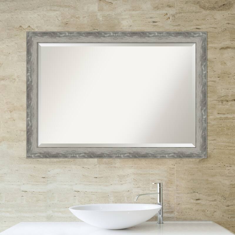 Beveled Bathroom Wall Mirror - Waveline Silver Narrow Frame