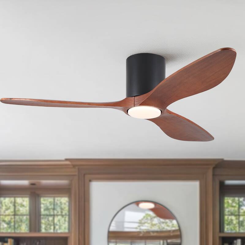 52" Mordern Farmhouse Retro Solid Wood Low Profile Flush Mount Ceiling Fan with Light and Reversible Quiet Motor