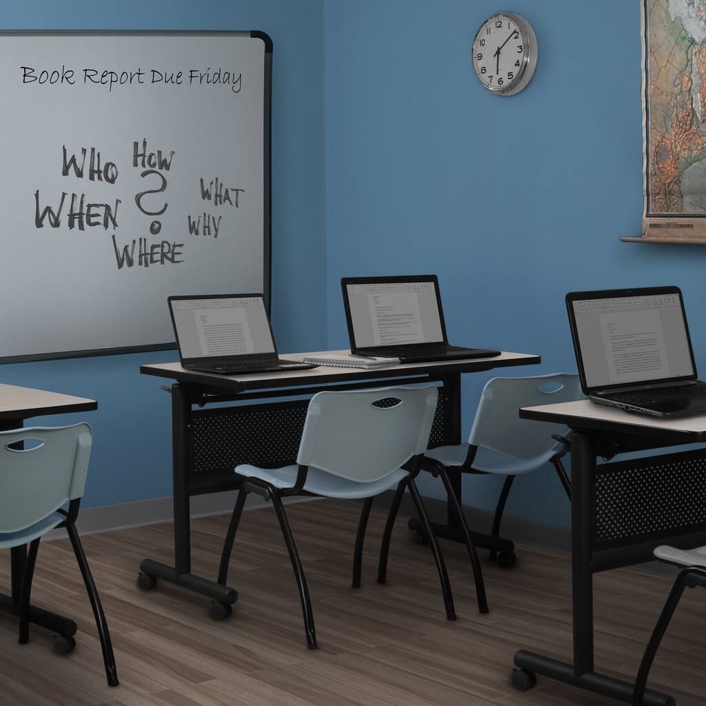 48" x 30" Flip Top Mobile Training Table with Modesty Panel- Maple and 2 "M" Stack Chairs- Grey