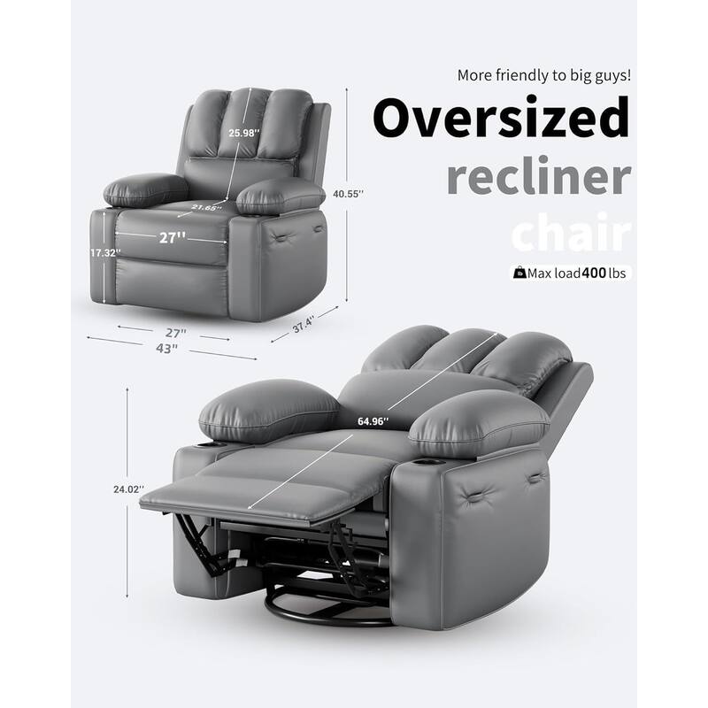 Oversized Manual Recliner Chair, with Cup Holders and Side Pockets