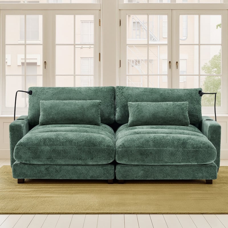 Chaise Lounge Chair Upholstered Modular Sofa with Cup & Phone Holders - Green