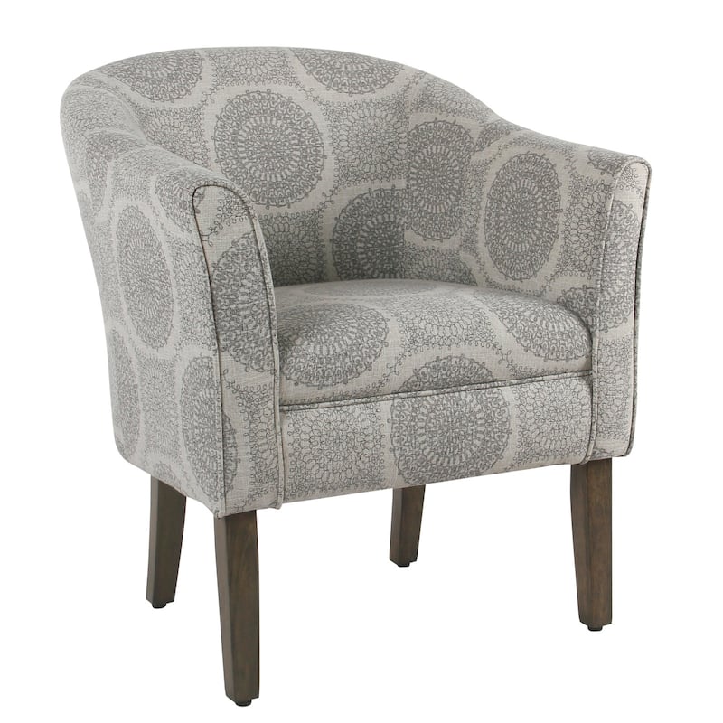 Wood and Fabric Barrel Style Accent Chair with Medallion Pattern - 33 H x 28 W x 26 L Inches - 33 H x 28 W x 26 L Inches - Gray and Brown