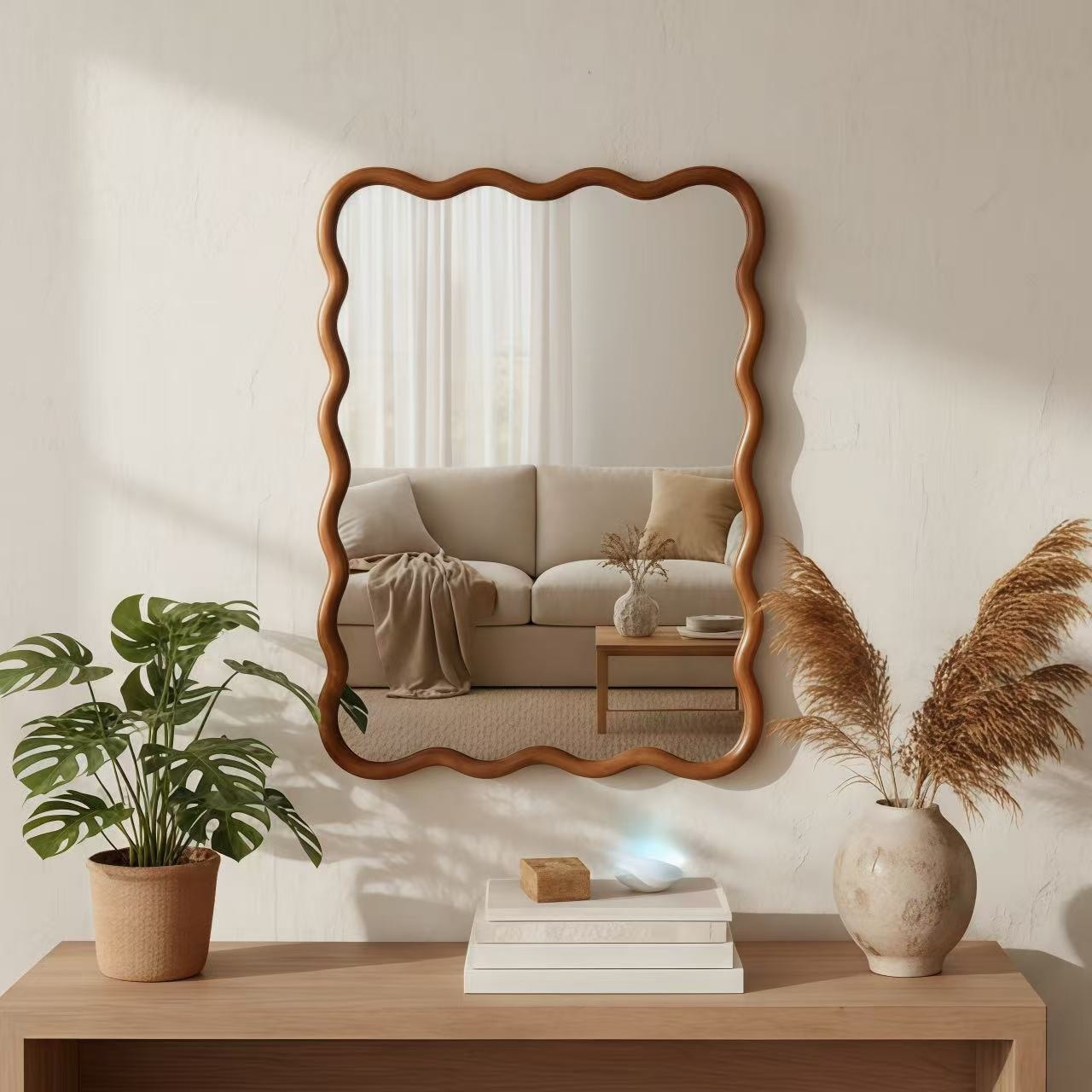 GDFStudio - Opaline Luxury Modern Wavy Rectangular Wall Decorative Mirror with Hand Sculpted Edge & Solid Wood Frame