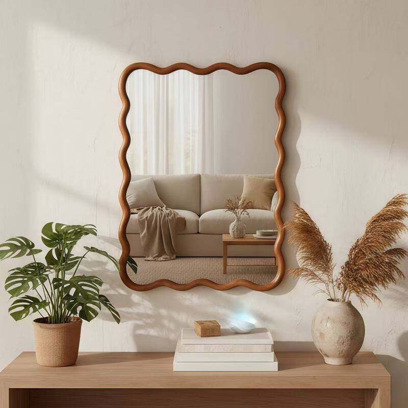 Yellowish Brown Wavy Rectangle Solid Wood Decorative Mirror - Bedroom, Bathroom, Living Room - Yellow Brown
