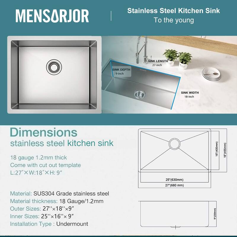 Stainless Steel Single Bowl Undermount Kitchen Sink -27 x 18 x 9-Fregaderos