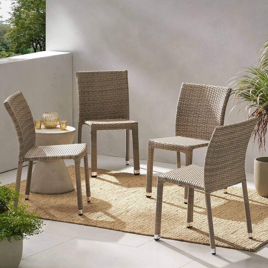 Roomfitters Outdoor Rattan Dining Chair Set of 4, Stackable Armless Patio Chairs, Weather-Resistant Design