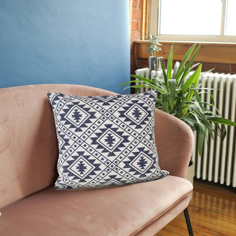 20" White and Blue Hand Woven Geometric Square Throw Pillow