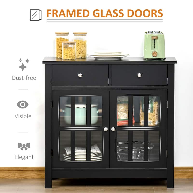 Black Sideboard Cabinet with Glass Doors and Drawers Multi-Functional Storage Buffet TV Console for Dining Kitchen Living Room