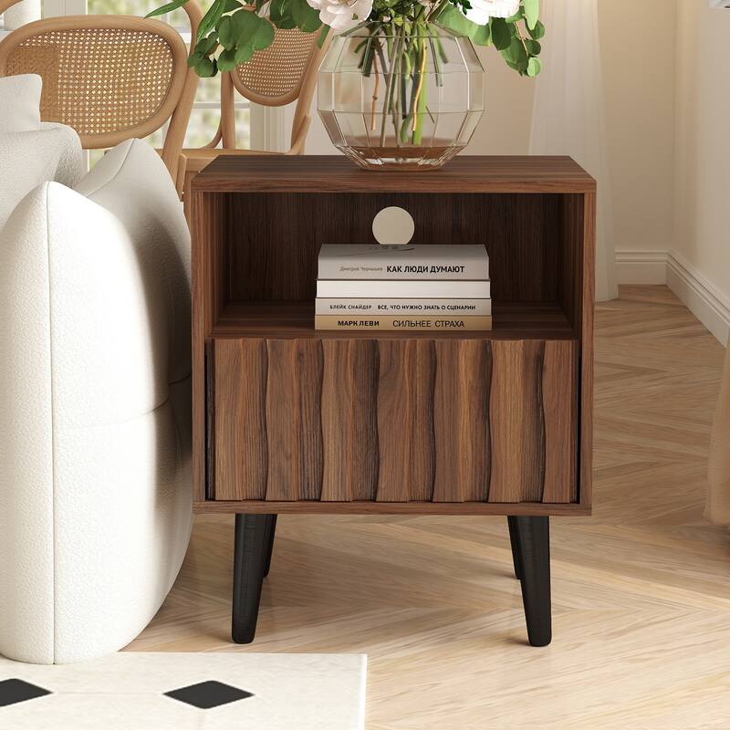 Mid-Century Modern Nightstand, Fluted End Table Drawer & Open Storage