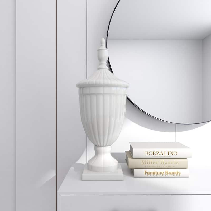 White Ceramic Tall Fluted Urn Living Room Decorative Jars with Grooves and Lid