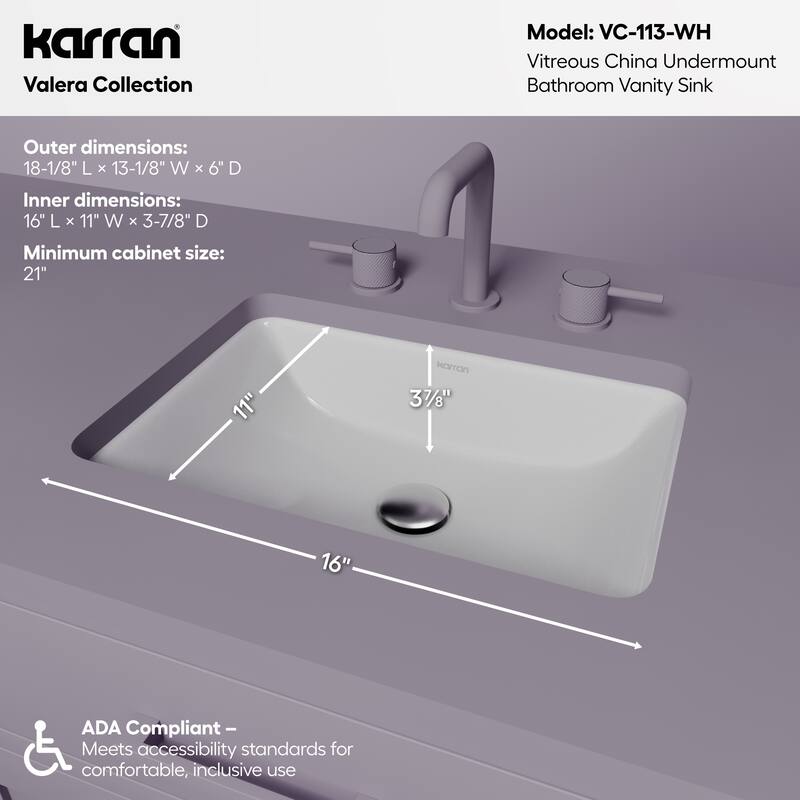Karran Valera 18" Rectangular Undermount Vitreous China Bathroom Sink in White